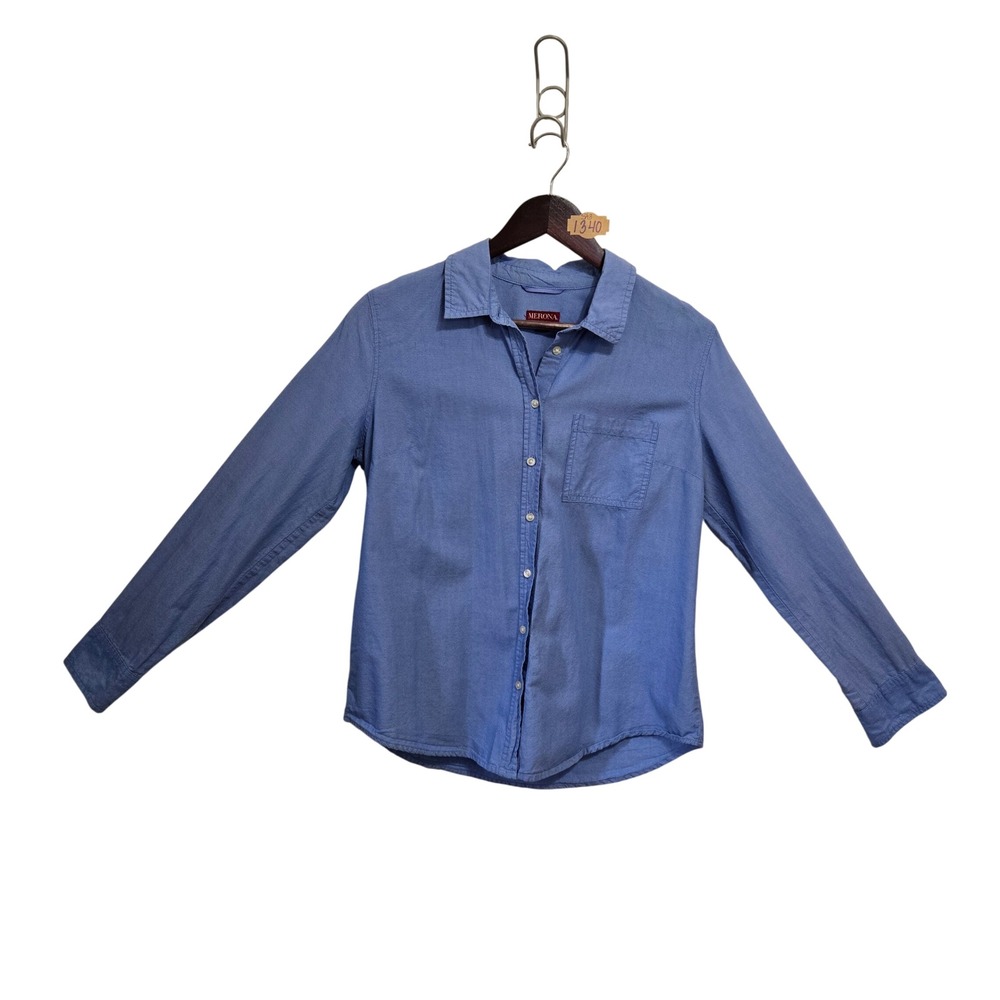 Vintage 90s Merona Blue Cotton Button Down Shirt‎ Long Sleeve Pocket Womens MD